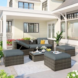 5-Piece Gray Rattan Wicker Outdoor Patio Garden Conversation Set with Gray Cushions, Ottomans and Coffee Table