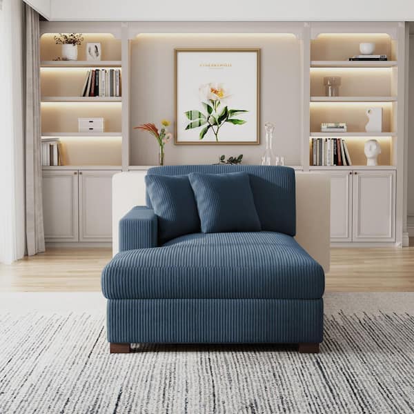 Navy Blue Corduroy Polyester Left Arm Facing Sectional Chaise Lounge with Wood Legs (Set of 1)
