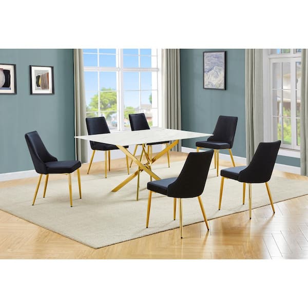 Best Quality Furniture Esteban 7-Piece Marble Wrap Glass Top Cross Leg Base Dining Set with 6 Black Gold Chrome Chairs