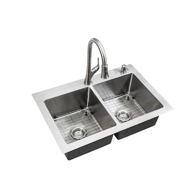 AIO Dolancourt Tight Radius Drop-in/Undermount 18G Stainless Steel 33 in. Double Bowl Kitchen Sink with Pull-Down Faucet