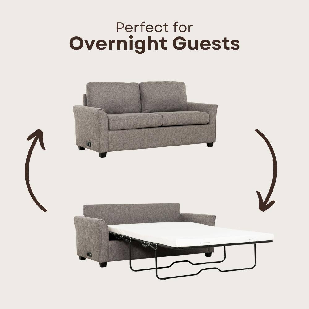 Comparison showing the sofa bed in both seated and extended bed positions.
