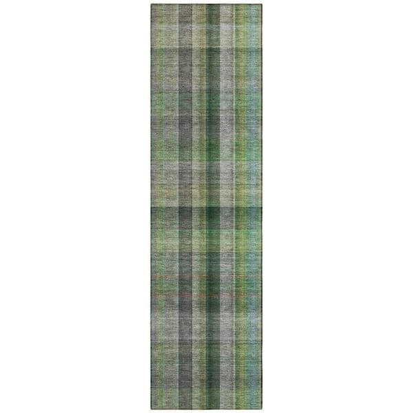 Green, Beige, Gray 2 ft. x 8 ft. Woven Plaid Polyester Runner Indoor / Outdoor Area Rug