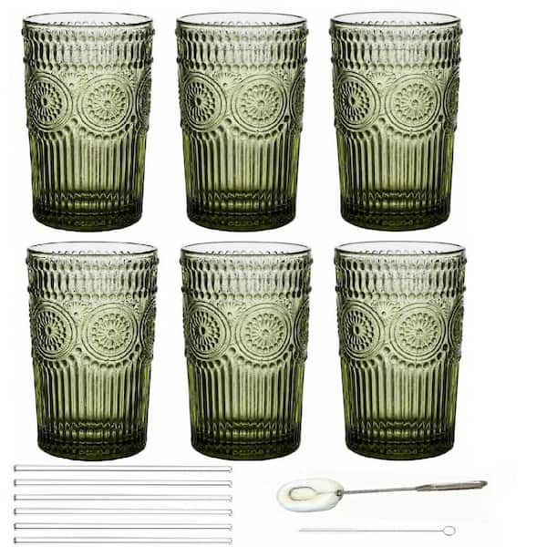 13 oz. Green Vintage Drinking Glasses Set of 6, Embossed Striped Drinkware for Water, Cocktails, Juice, Iced Coffee