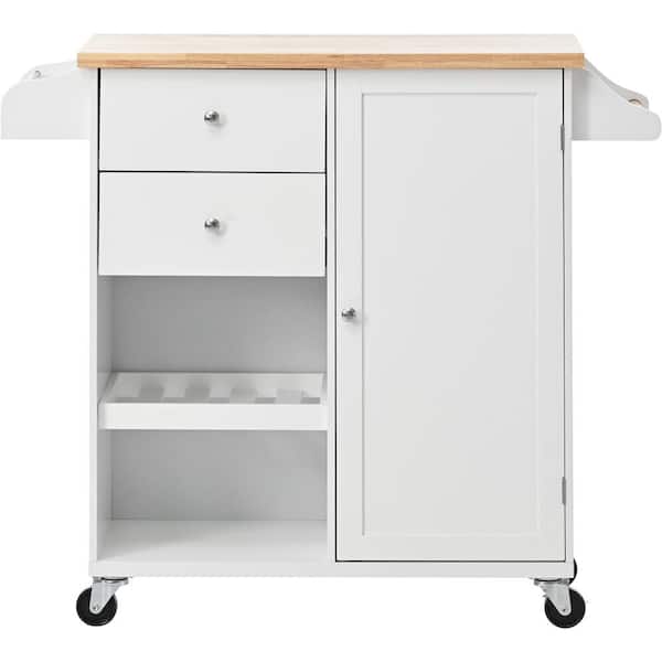 Unbranded White Rubber Wood Top 41.3 in. Kitchen Island with 2-Drawers, 2-Open Shelves, and 4-Wheels for Dining Room