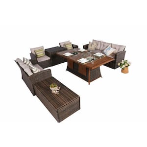 Fire and Ice Brown 7-Pieces Wicker Patio Conversation Fire Pit Table Sofa Set with Ice Bucket and 2 Storage Box