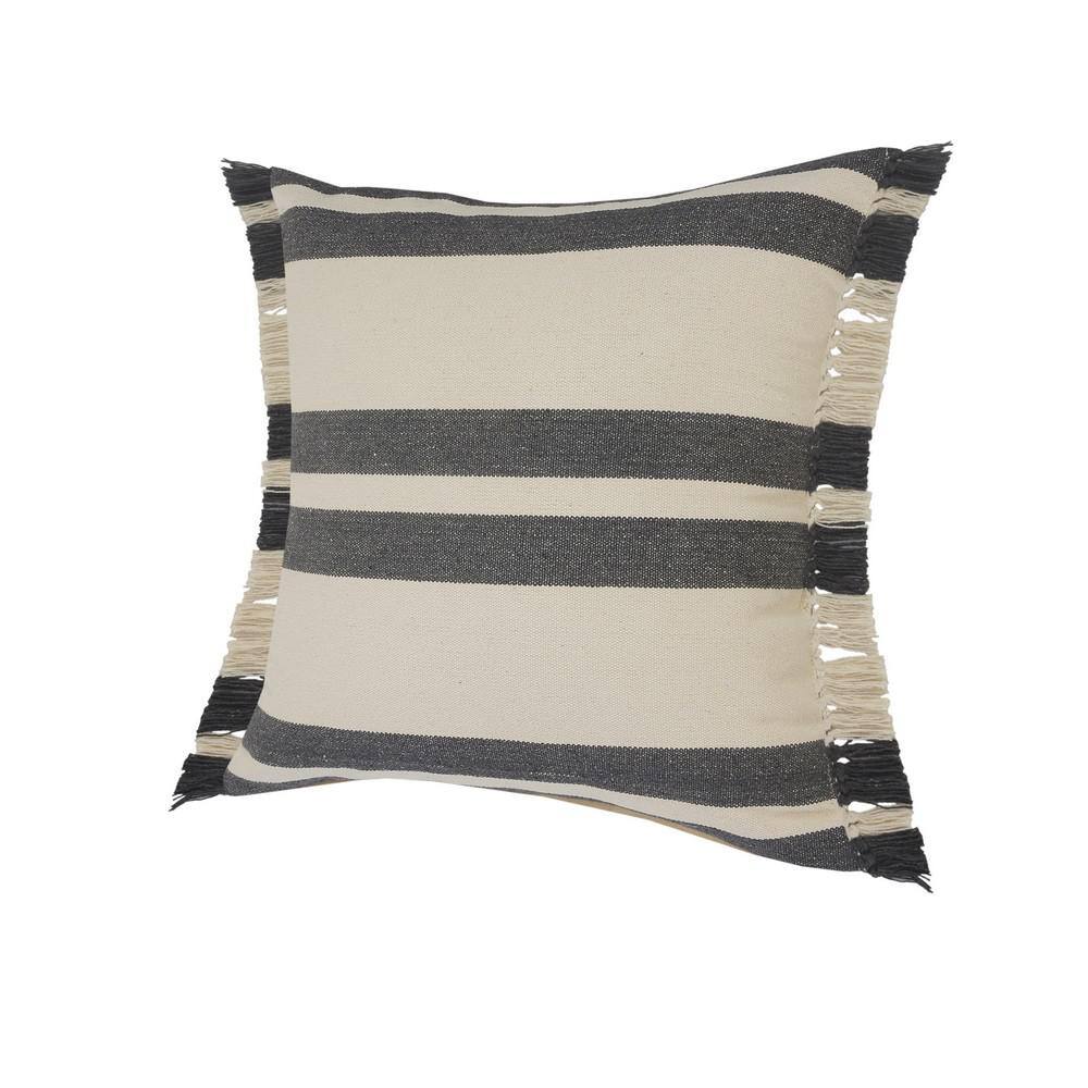 Gray and White 20" Square Striped Fringe Throw Pillow