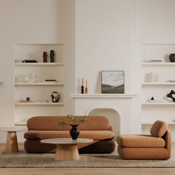 Eden 42 in. White Round Marble Coffee Table with Oak Veneer Base