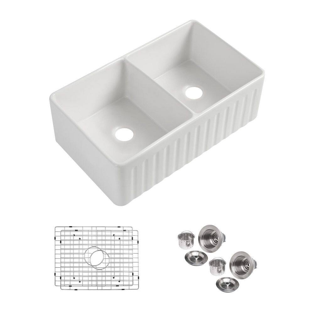 33 in. L X 18 in. W Farmhouse Apron Front Undermount Double Bowl White Fire