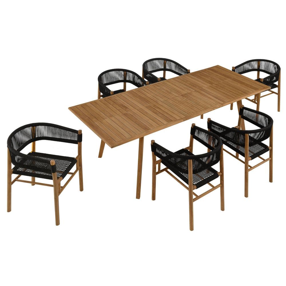 Vienna 7-Piece Outdoor Patio Teak and Rope Dining Set with Curved-Back Armchairs in Natural Black price history on PriceWatchPro