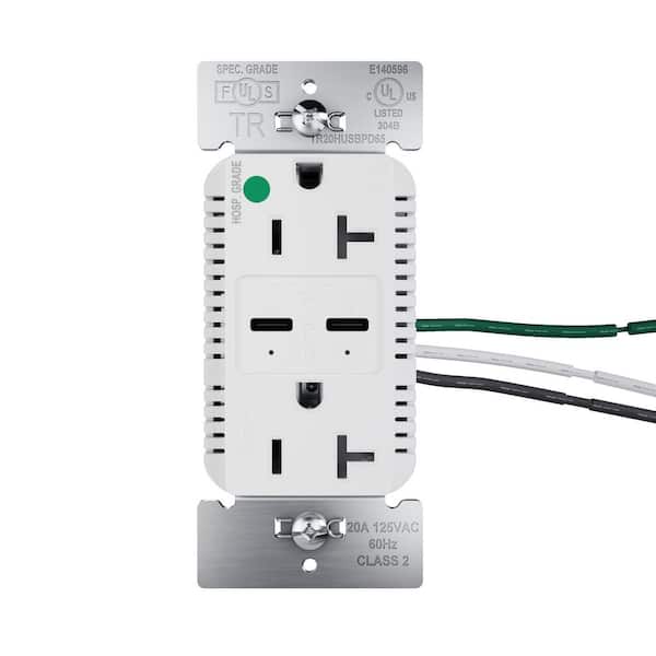 20 Amp Tamper Resistant 65-Watt Hospital Grade Power Delivery USB Type C Duplex Outlet White