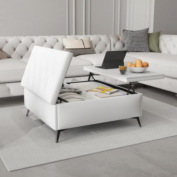 LCEPURE TRADE INC 35 in. White Square storage benches Coffee Table with Lift Top Storage Ottoman in Linen Upholstered for Living Room