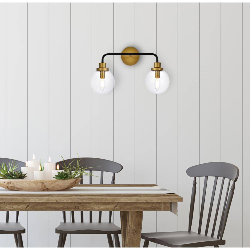 Elegant Hanson Brass 2-Light Bath Sconce with Clear Round Shade