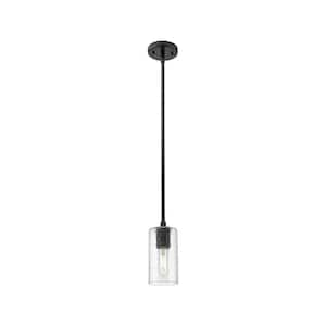 Crown Point 100-Watt 1 Light Matte Black Shaded Pendant Light with Seeded glass Seeded Glass Shade