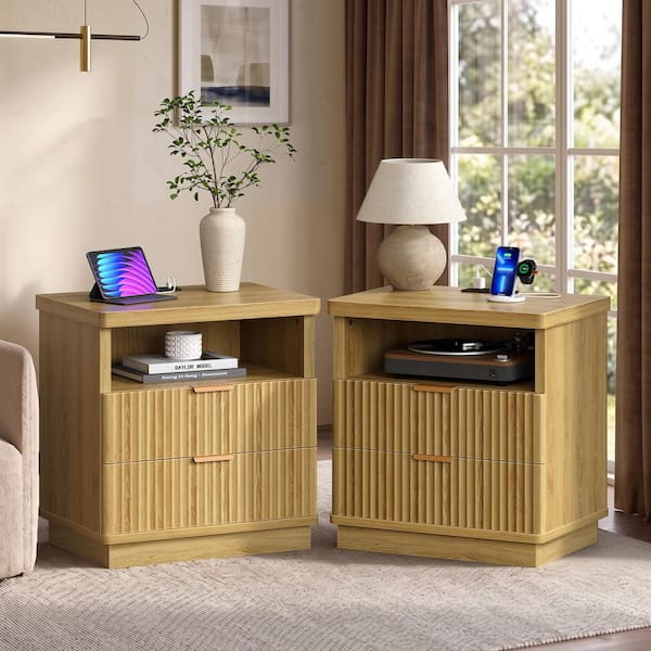 Bestier (Set of 2)Fluted Natural Oak 22.8 in. W Nightstands with 2