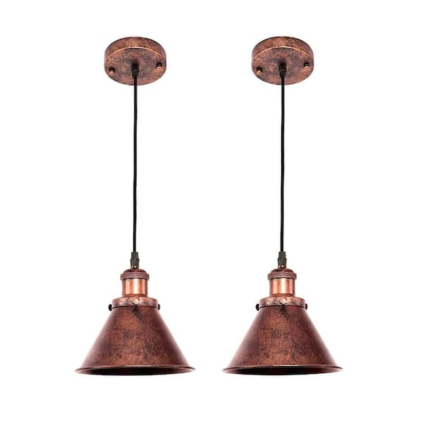 HUOKU BARN 1-Light Copper Hanging Barn Pendant Light with Cone Metal Shade and 78 in. Adjustable Cord (2-Pack)