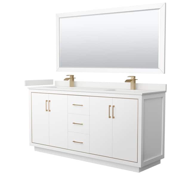 Wyndham Collection Icon 72 in. W x 22 in. D x 35 in. H Double Bath Vanity in White with White Quartz Top and 70 in. Mirror