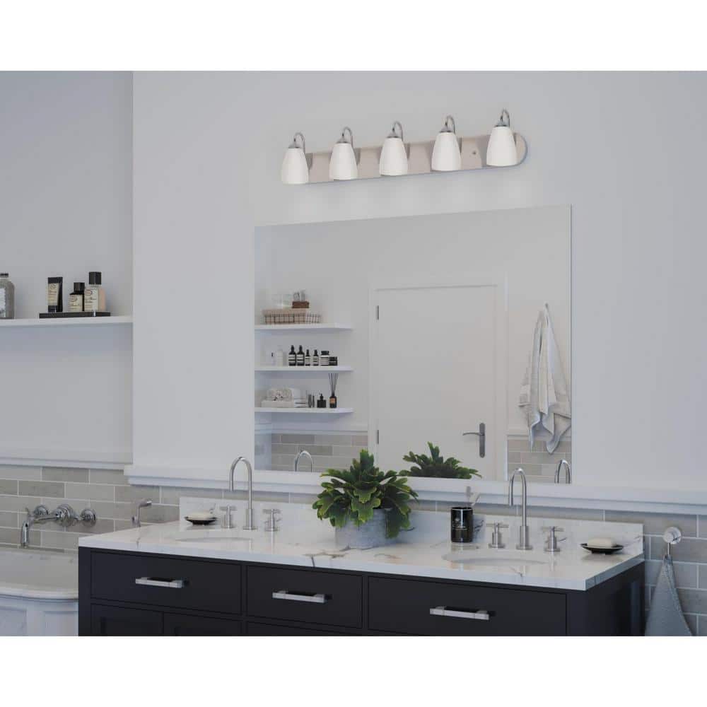 Brushed Nickel 5-Light Bath Vanity with Etched Glass Shades