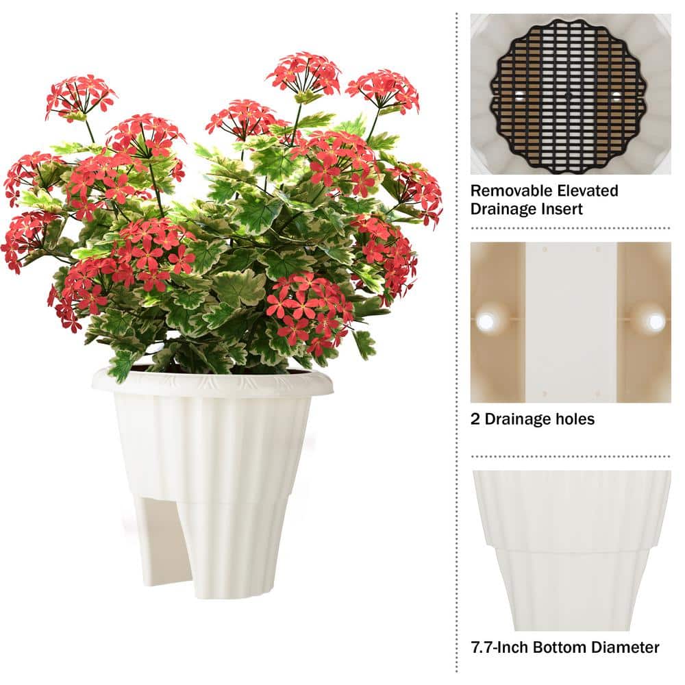 White Plastic Outdoor Railing Planter with Drainage Insert