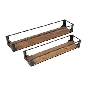 Black/Rustic Steel and Wood Floating Decorative Wall Shelves (Set of 2)