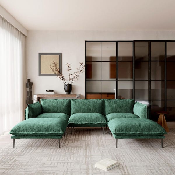 Modern 111 in. 5-Piece Tapered Arm Velvet Modular Sectional Sofa, Comfort Deep Seat Cloud Couch with Ottomans in Green