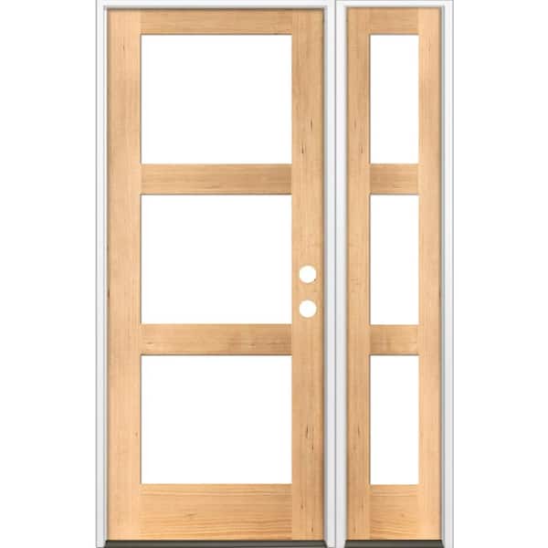 Krosswood Doors 50 in. x 80 in. Modern Hemlock Left-Hand/Inswing 3-Lite Clear Glass Clear Stain Wood Prehung Front Door with Sidelite