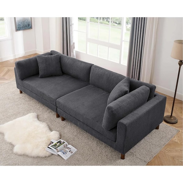 Monland 116 in. Square Arm Corduroy Polyester Fabric Chaise Lounge Rectangle Sofa Deep-Seated Oversized Modular Couches in. Grey