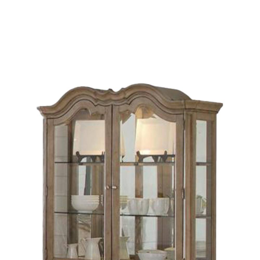 Antique Taupe Lighted China Cabinet with Glass Doors and Shelves
