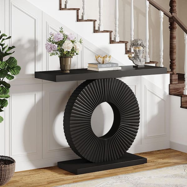 Turrella 39 in. Black Rectangle Engineered Wood Console Table with O Shaped Base