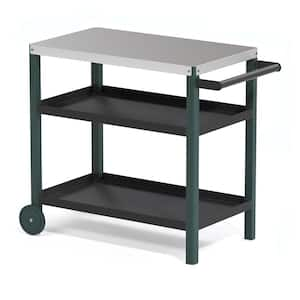 Dark Green Outdoor Grill Carts Prep Cart Dining Table Steel Tabletop with Side Rack, 2 Shelves and 2 Wheels