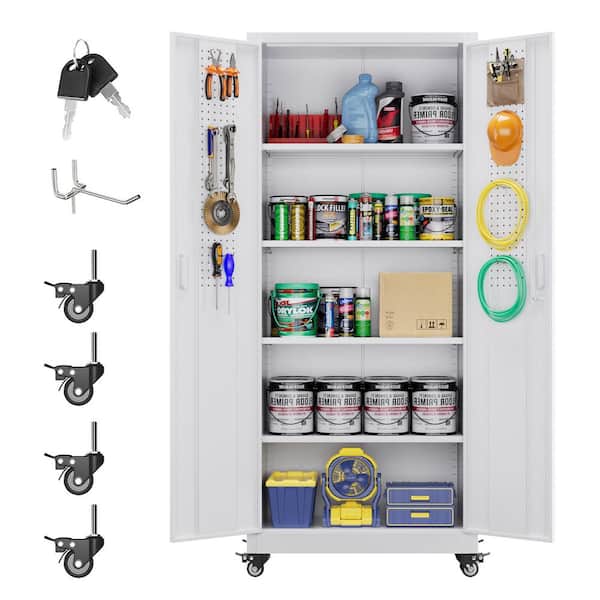 Hephastu 32 in. W x 73 in. H x 16 in. D Metal Garage Storage Freestanding Cabinet with Shelves, Wheels, Pegboards, Hooks in White