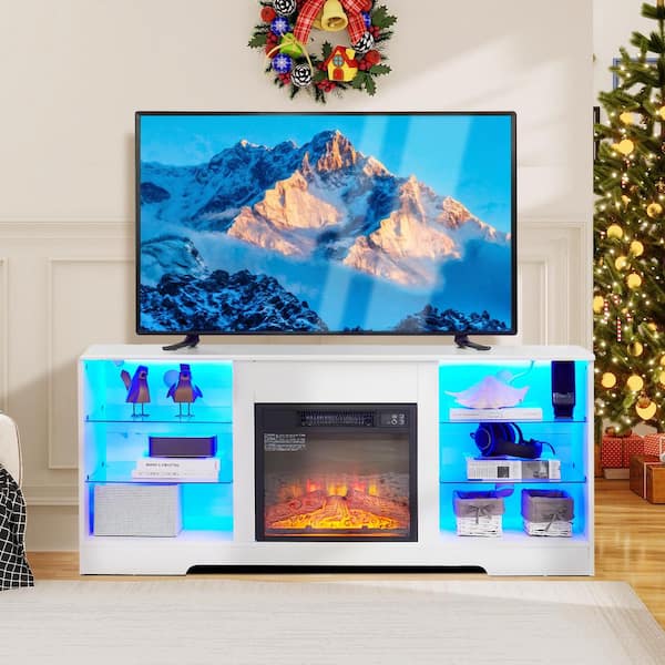 58 in. Freestanding Fireplace TV Stand with 18 in. Electric Fireplace insert, Adjustable Heat, Remote, Timer in White