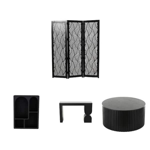 Caspian Black 3-Panel Room Divider, Shelf, Console and Coffee Table Set