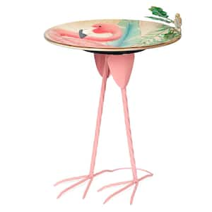 23 in. Metal Flamingo Birdbath w/Stand, Pink/Blue