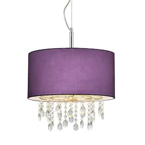 Florence 16.5 in. 3-Lights Chrome Crystals Pendant Lamp with Purple Shade