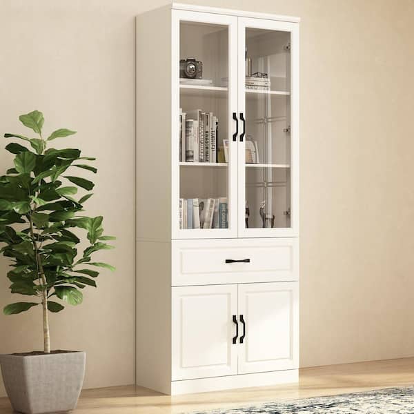 FUFU&GAGA 31.5 in. Wide x 78.9 in. H 4-Shelf White Wood Standard Bookcase Bookshelf With Tempered Glass Doors, Cabinet, Drawer