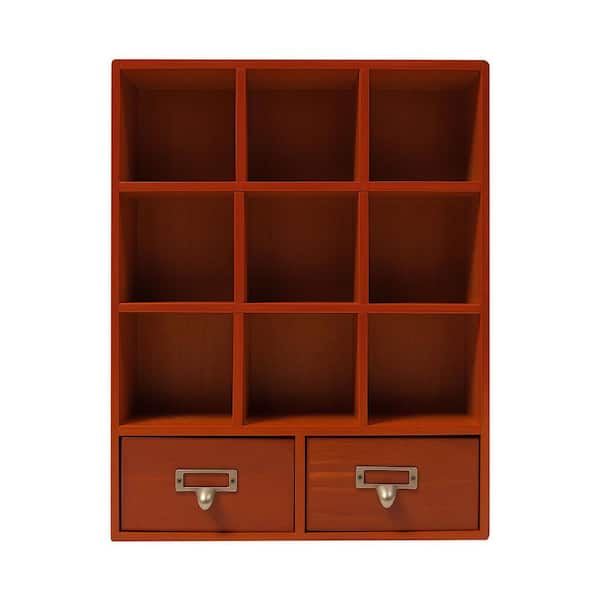 Brown Wooden Shelf with 2 Drawers Desktop Storage 9-Cube Organizer
