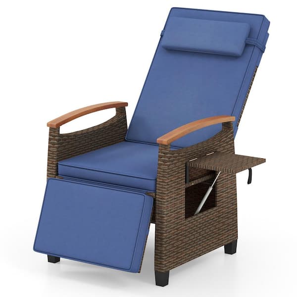 ANGELES HOME Patio Wicker Recliner Chair with Adjustable Backrest and Footrest, Navy Cushions