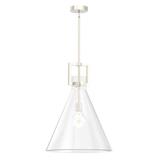 18 in. 1-Light Modern Brushed Nickel Bell Pendant Light with Clear Glass Shade for Kitchen, Dining, or Foyer Spaces