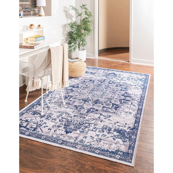 Renaissance Roma Gray Blue 4 ft. x 6 ft. Machine Washable Area Rug