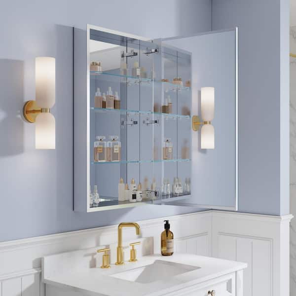 ROSA 20 in. W x 36 in. H Rectangular Aluminum Tri-View Medicine Cabinet with Mirror, Blum Hinge, Adjustable Shelves