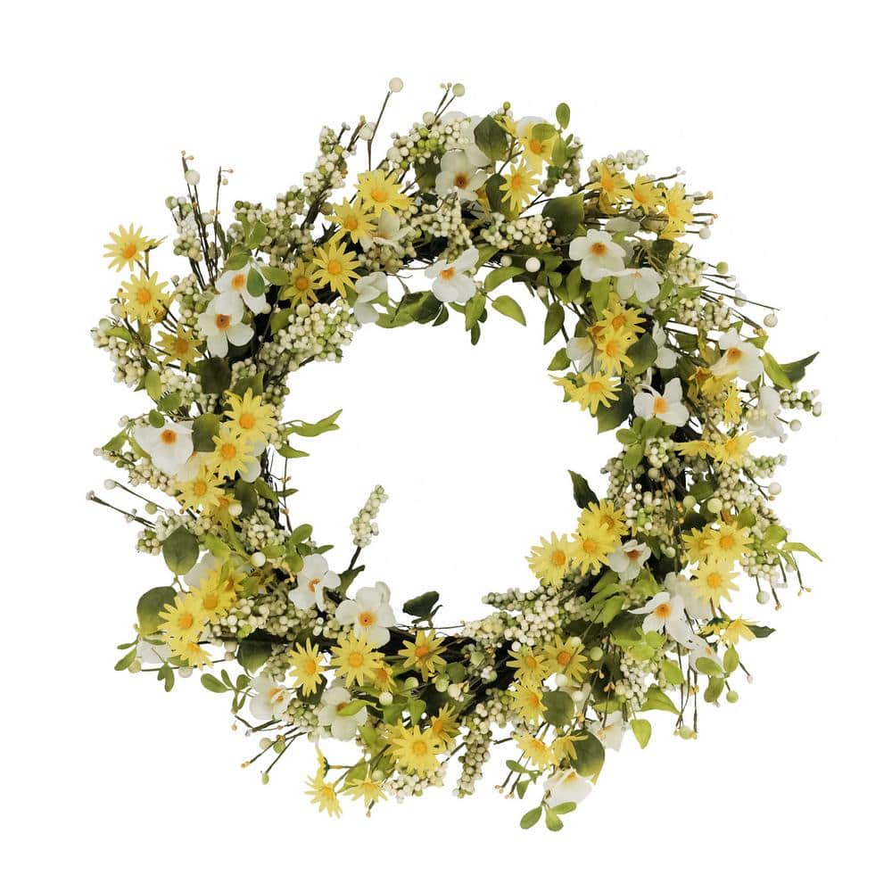 30  Yellow and Green Puleo International Artificial Dogwood and Daisy Floral Spring Wreath