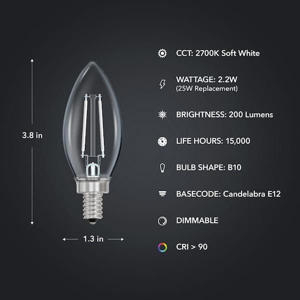 Feit Electric 25 Watt Equivalent B10 E12 Candelabra Dim White Filament Clear Glass Chandelier LED Light Bulb Soft White 2700K 3 pack