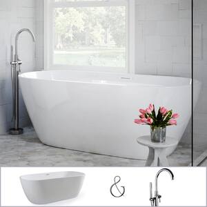 W-I-D-E Series Woodside 59 in. Acrylic Oval Freestanding Bathtub in White, Floor-Mount Single-Post Faucet in Chrome