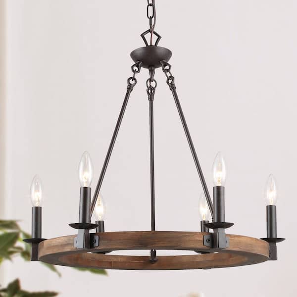 Farmhouse Wagon Wheel Chandelier, 6-Light Distressed Wood Circle Island Light, Rustic Bronze Dining Room Pendant Light