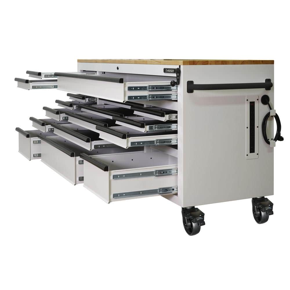 Tool Storage 72 in. W x 24 in. D 18-Drawer Heavy Duty Adjustable Height Mobile Workbench Cabinet in Matte White -  Husky, HOLC7218BT1M