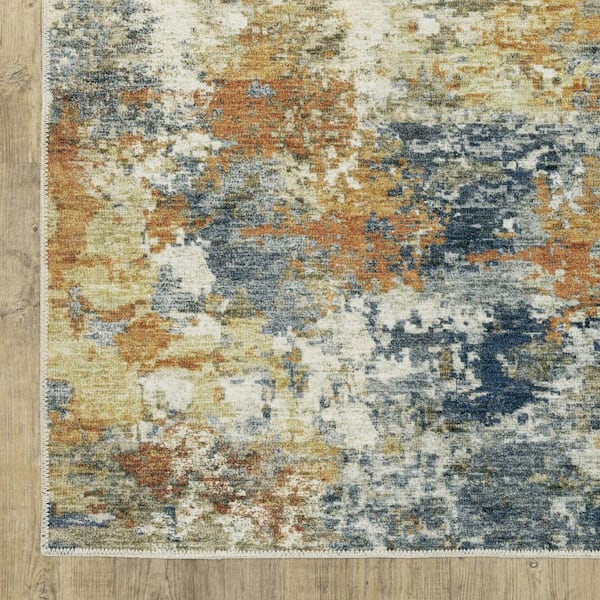 4' X 6' Teal Blue Orange Gold Grey Tan Brown And Beige Abstract Printed Stain Resistant Non Skid Area Rug