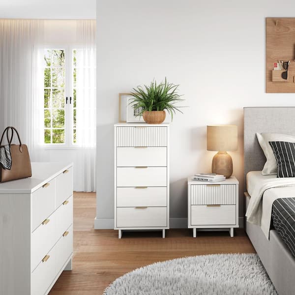 Manhattan Comfort Granville White 2-Drawer 18.11 in. W Nightstand, 5-Drawer 23.62 in. W Chest and 6-Drawer 55.04 in. W Dresser