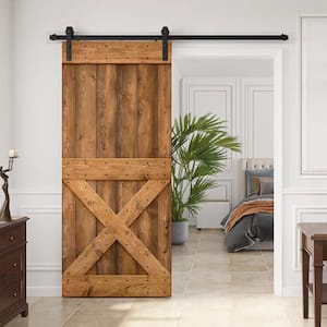 36 in. x 84 in. Distressed Mini X Series Walnut DIY Solid Knotty Pine Wood Interior Sliding Barn Door with Hardware Kit