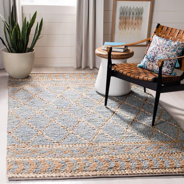Natural Fiber Beige/Blue 6 ft. x 9 ft. Border Area Rug
