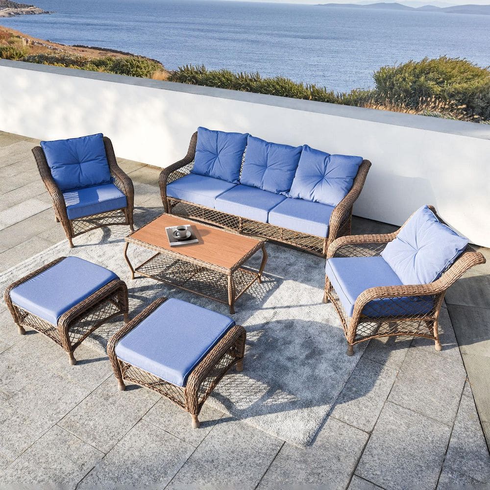 Brown 6-Piece Wicker Outdoor Sectional Set, Patio Conversation Set with Blue Cushions, Ottomans for Garden Backyard Deck price history on PriceWatchPro